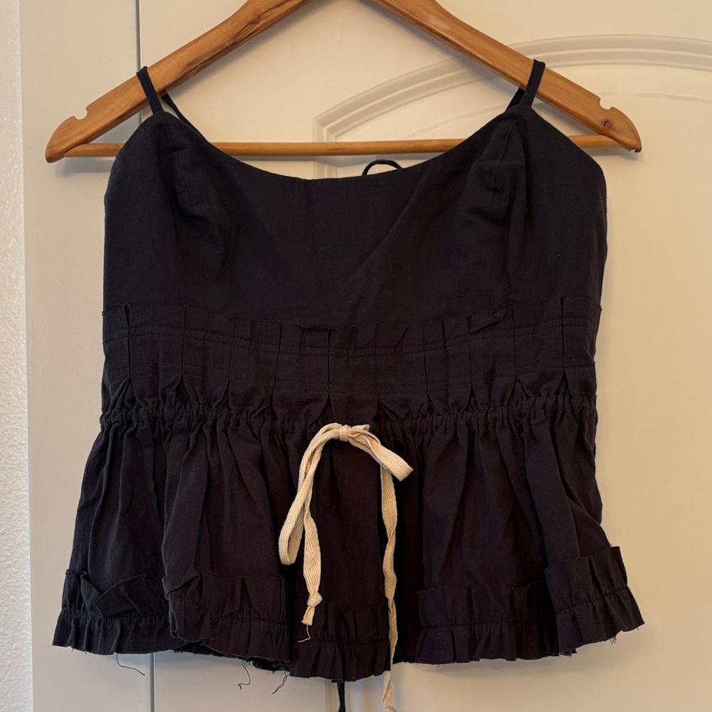 Free People dark blue blouse with Cream Tie